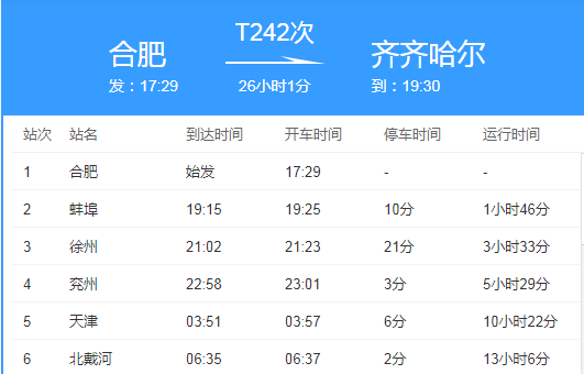 t242列车途经站点及时间表