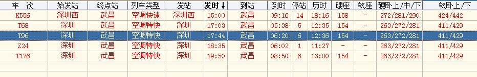 深圳到武汉的火车票