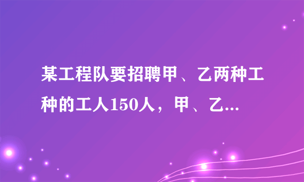 某工程队要招聘甲、乙两种工种的工人150人，甲、乙两种工种的工人的月工资分别为600元和1000元