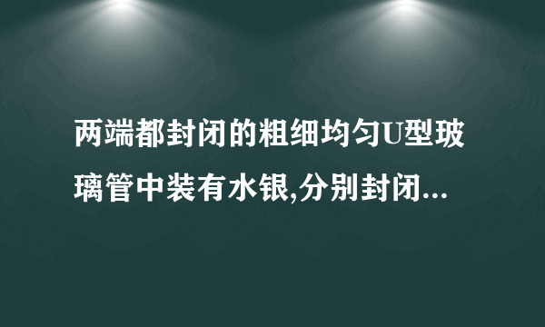 两端都封闭的粗细均匀U型玻璃管中装有水银,分别封闭住A、B两部分气体,当它们温度相同且A、B端竖直