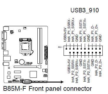 华硕b85m f主板 前置板插线图